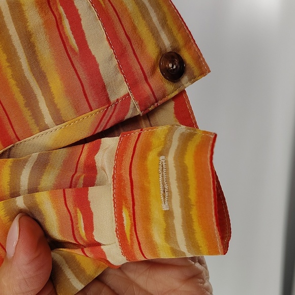 Liz Claiborne Button Up Blouse Size 12 Tan Orange Watercolor Stripe Long Sleeve - Picture 5 of 9